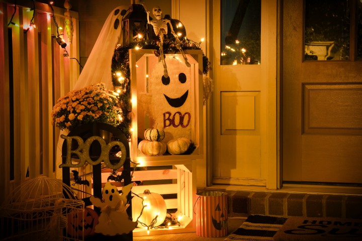 Halloween decorations outside a front door