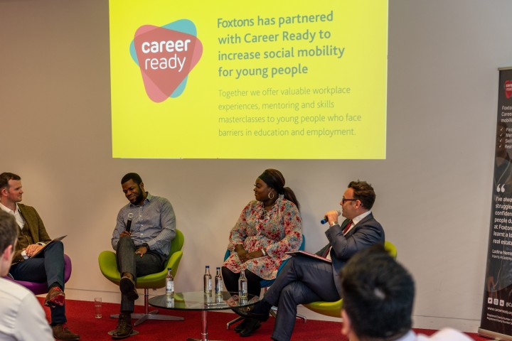 The Career Ready and Foxtons panel, with speakers seated in front of a social mobility infographic