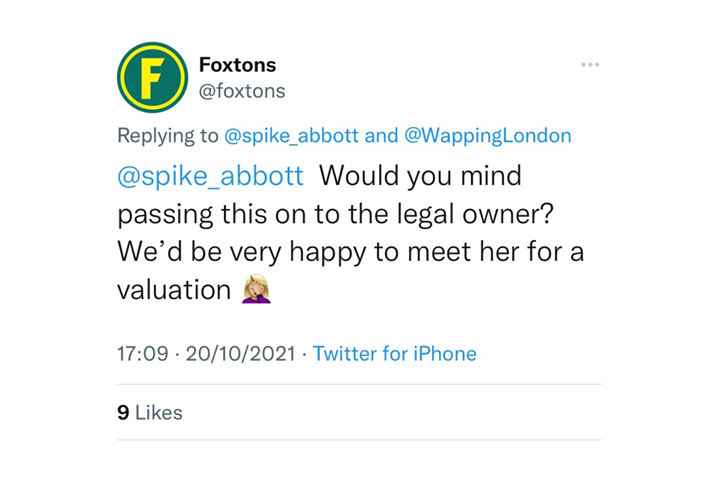 Foxtons response: would you mind passing this on to the legal owner? WE